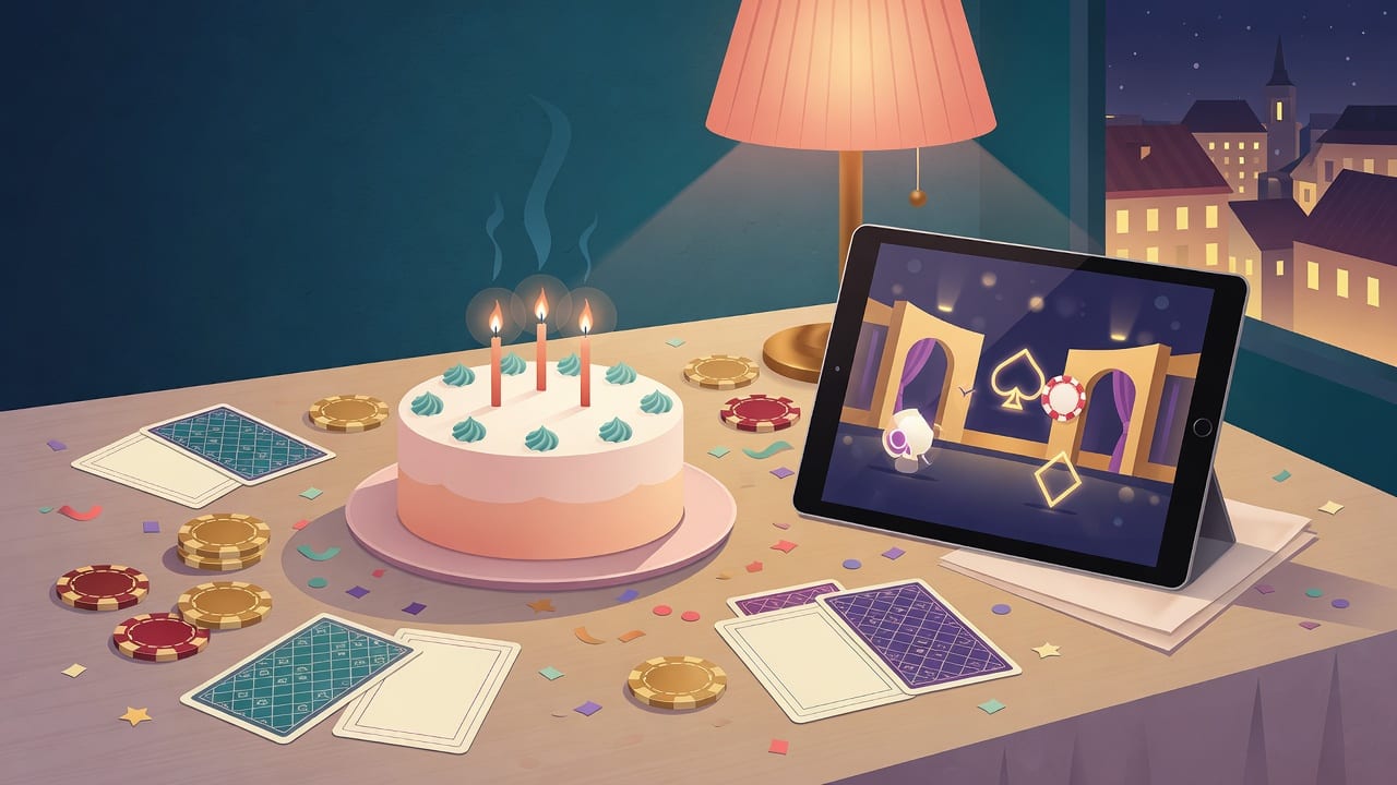 Narodeninová torta so sviečkami, tablet s kasínom, žetóny a karty na stole pri teplom svetle